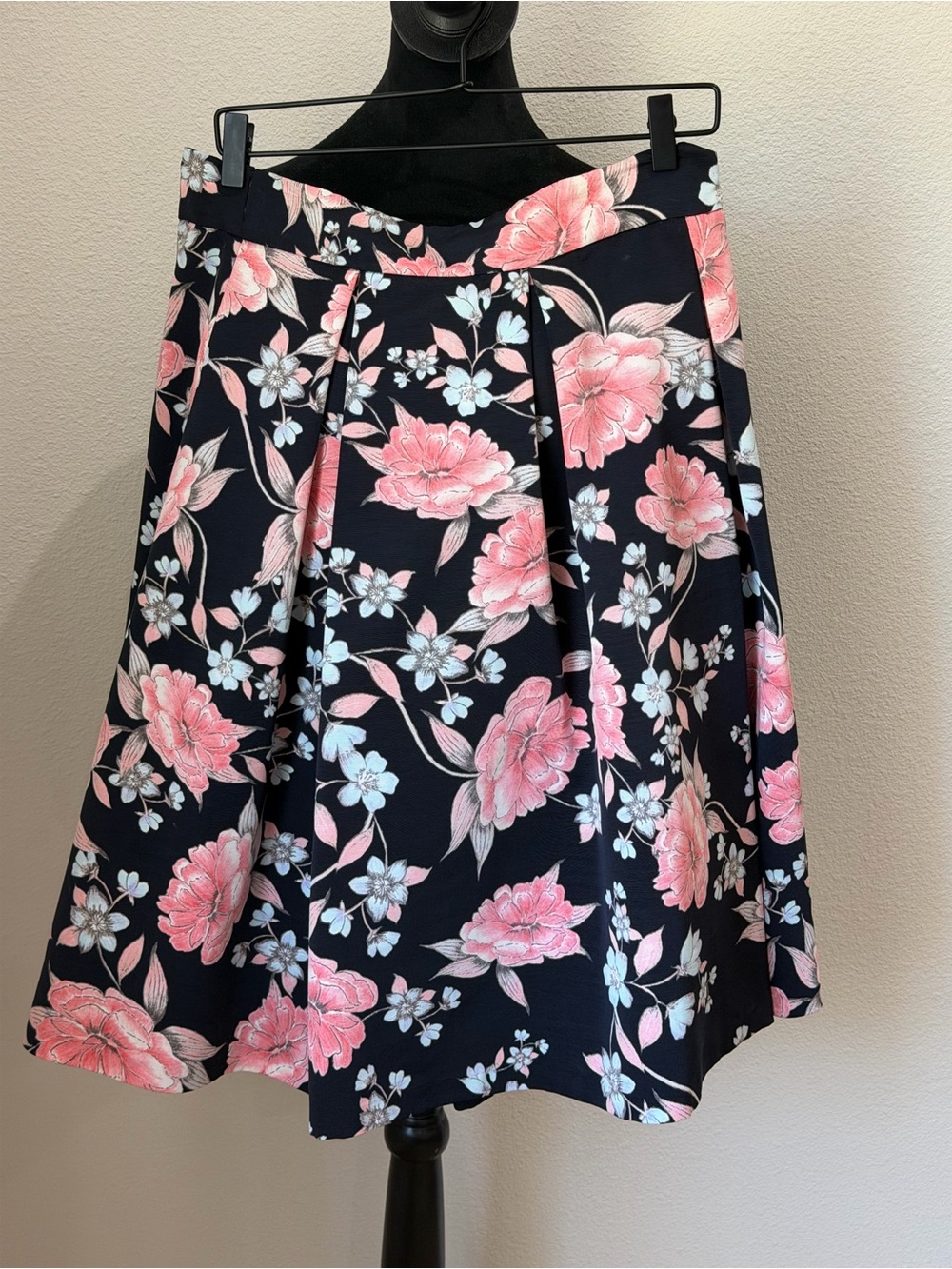 Eliza J Navy A-Line Skirt with Pink Floral Print